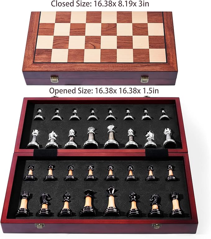 VAMSLOVE Chess Set Large 16''/42cm Folding Wooden Board with Deluxe Weighted Acrylic Chess Pieces - 3.5 King with Storage Slots for Adults House Warming Retirement Gift