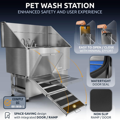 KANIS Professional Dog Washing Station 304 Stainless Steel Pet Wash Sink & Grooming Bathtub w/Shower, Floor Grates and Storage for Large, Medium & Small Pets (Silver, 50 Inches, Left Ramp, 2 Drawers)