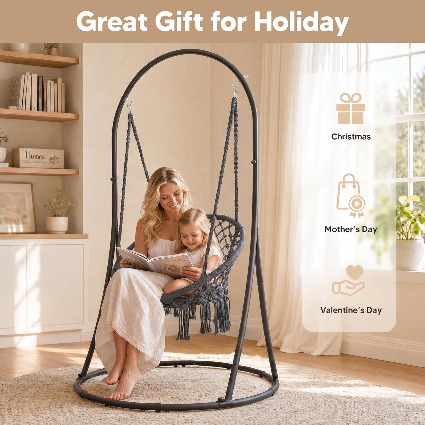 SUNCREAT Indoor Hammock Swing Chair with Stand, Hanging Chair Outdoor with Stand, 330 lbs Capacity, Patented, Grey