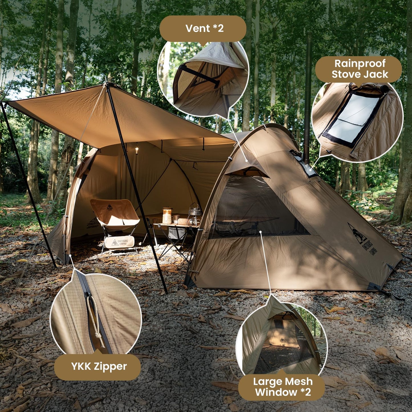 OneTigris Raven NEST Hot Tent with Stove Jack, Spacious Waterproof 2 Person Tunnel Tent for Camping, Hiking, Backpacking, Bushcraft