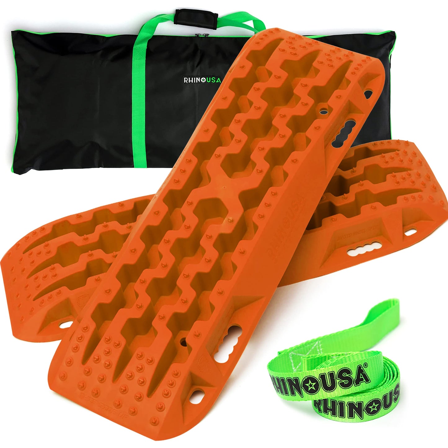 Rhino USA Off-Road Recovery Traction Boards - 2 Pack Ultimate Tire Traction Mountable Mats for 4X4 Vehicles in Sand, Mud & Snow. Heavy Duty Zipper Carry Bag and Leashes Included - (Orange)