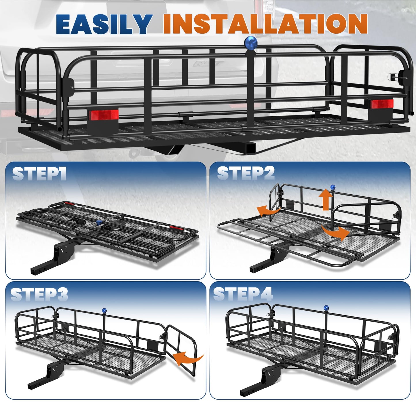 KUIPERAUTO 500 Lbs Folding Rack Hitch Mount Cargo Carrier, 2" Hitch Receiver, 60" x 24" x 14" Size,Bolt Lock Luggage Basket Heavy Duty Hitch Rear Trailer Cargo Rack Compatible for SUV Truck Pickup