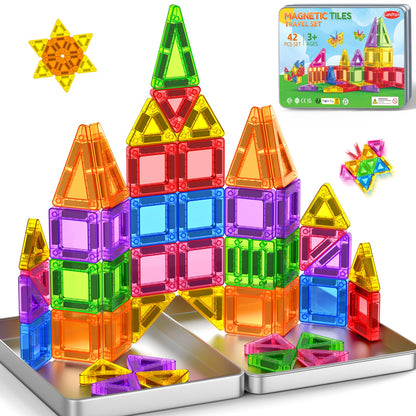 Mini Magnetic Tiles Travel Magnetic Tiles with Iron Box,42PCS Magnet Building Block Set Travel Toys for Kids Ages 3+,Educational Portable Magnet Toys Gifts for Toddlers Boys & Girls Christmas Birthday