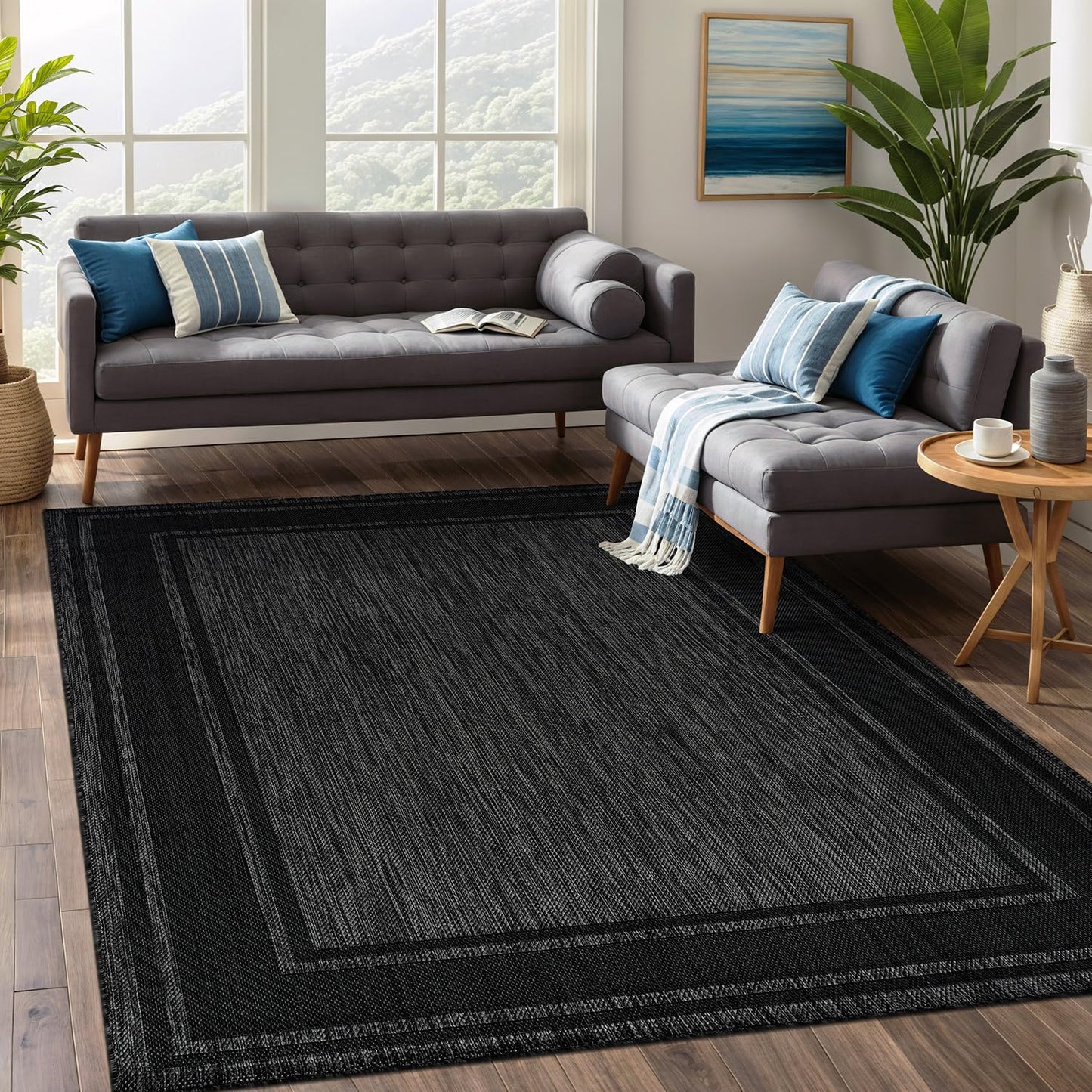Beverly Rug Outdoor Rug 6x9 Modern Bordered Area Rugs for Indoor and Outdoor Patio Deck Porch Garden Waterproof Weather Sun Resistant Washable Outside Carpet (6 x 9 Black)