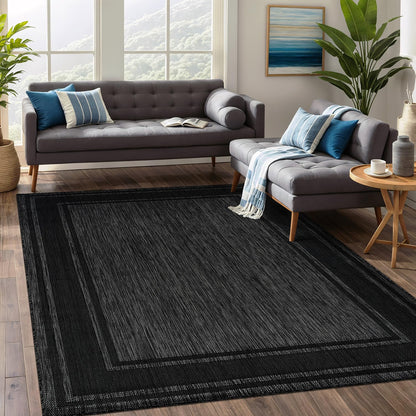 Beverly Rug Outdoor Rug 6x9 Modern Bordered Area Rugs for Indoor and Outdoor Patio Deck Porch Garden Waterproof Weather Sun Resistant Washable Outside Carpet (6 x 9 Black)