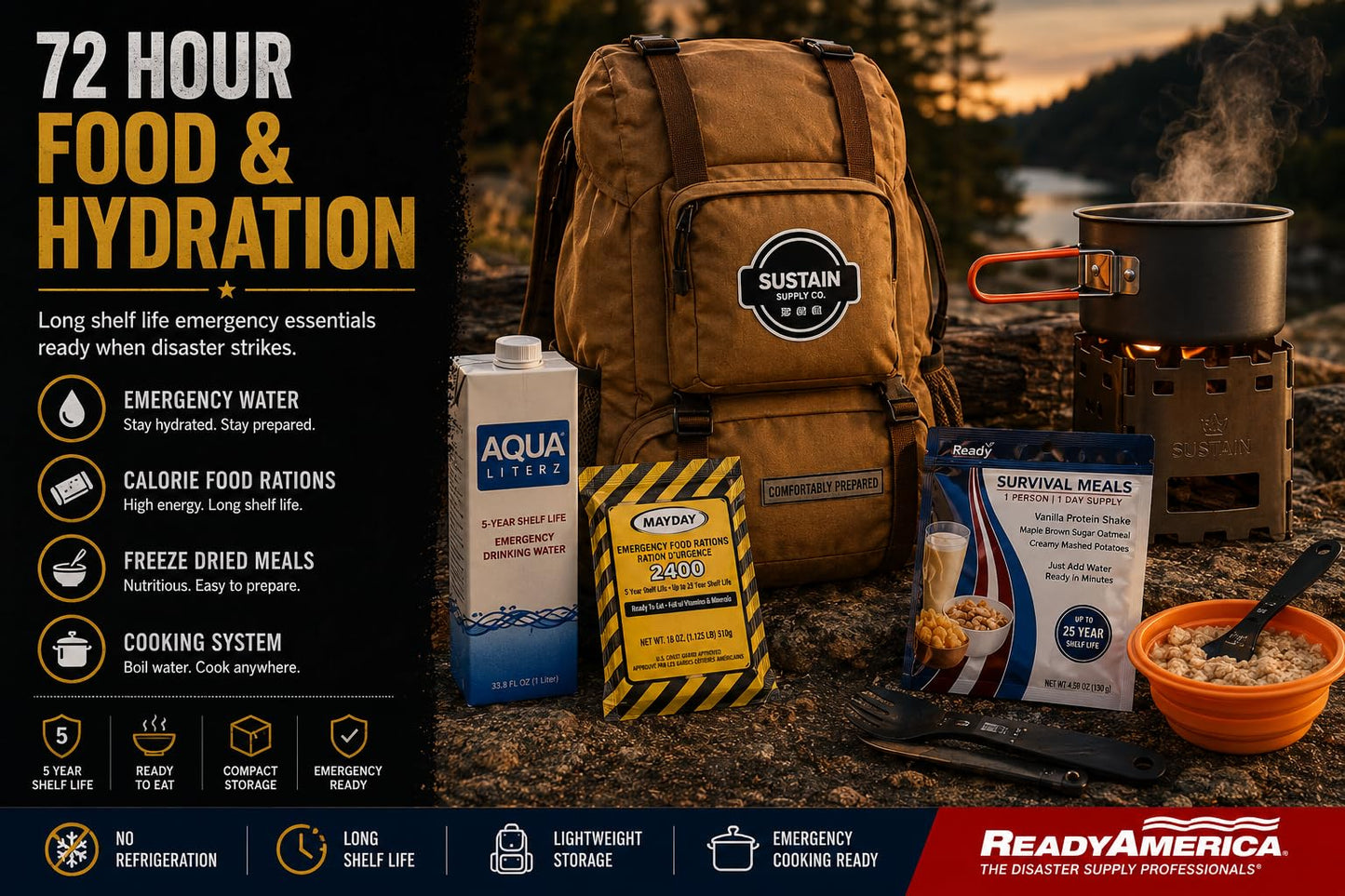 Sustain Supply 70492, 4-Person Emergency Comfort Kit – 72-Hour Survival Backpack w/Long-Shelf Food & Water, First Aid, Lighting, Tools & Emergency Supplies for Disaster Preparedness