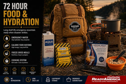 Sustain Supply 70492, 4-Person Emergency Comfort Kit – 72-Hour Survival Backpack w/Long-Shelf Food & Water, First Aid, Lighting, Tools & Emergency Supplies for Disaster Preparedness