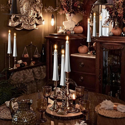 Halloween Ghost Flameless Taper Candles Battery Operated with Remote and Timer Real Wax 3D Wick Flickering White LED Taper Candlesticks Spooky Halloween Indoor Decor(2 Pack, 0.79"D x 9.5"H)