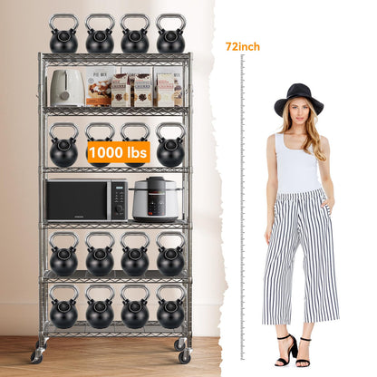 YNN Storage Shelves,6000Lbs 6 Tier Heavy Duty Metal Rolling Shelving Unit with Wheels & 8 Hooks, Adjustable Garage Wire Rack for Kitchen, Bathroom,Industrial,Pantry(36" W x 14" D x 72" H, Chrome)