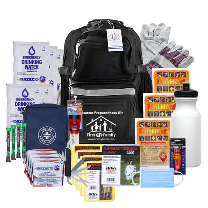First My Family All-in-One 4 Person, 72 Hour Emergency Survival Kit for Fires, Earthquakes, Hurricanes, Floods, Tsunami and Other Disasters - Premium Black Backpack