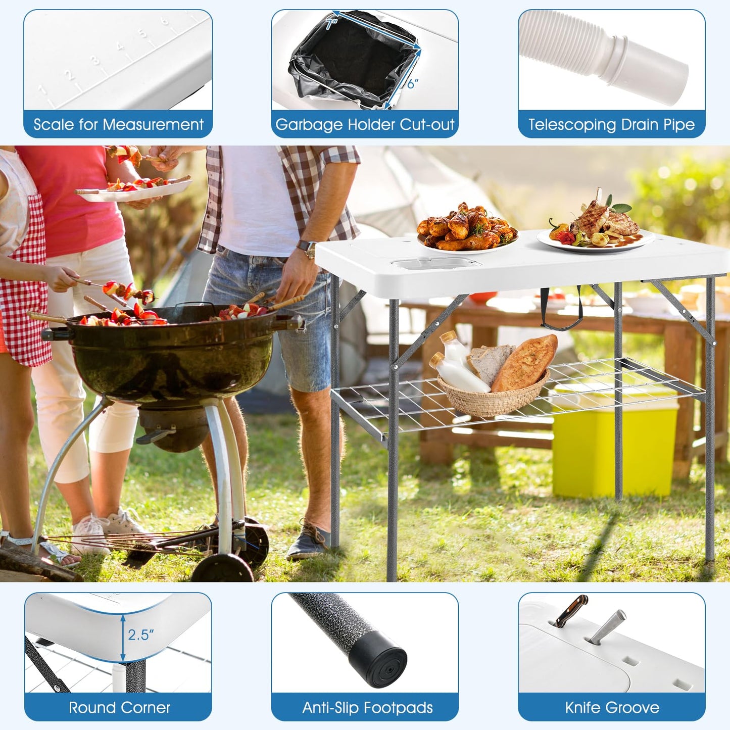 Goplus 40'' Folding Fish Cleaning Table with Dual Water Basins, Faucet Drainage Hose & Sprayer, Portable Camping Sink Table, Outdoor Fish Fillet Cleaning Station with Grid Rack for Picnic