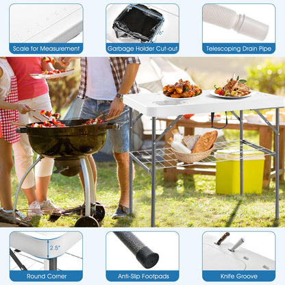 Goplus 40'' Folding Fish Cleaning Table with Dual Water Basins, Faucet Drainage Hose & Sprayer, Portable Camping Sink Table, Outdoor Fish Fillet Cleaning Station with Grid Rack for Picnic