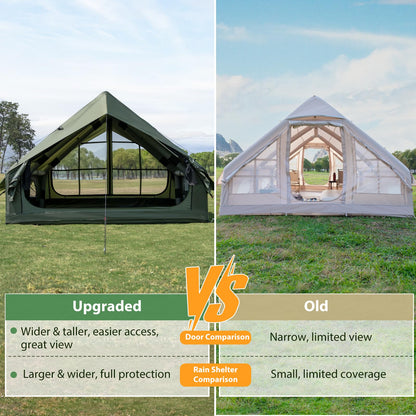 WaldZimmer Inflatable Camping Tent 12sq Green with Hand Pump Easy Setup Waterproof Windproof Outdoor Blow up Tent 6-8 Person Oxford 4 Season Glamping Air Tents Cabin House with Mesh Windows & Door