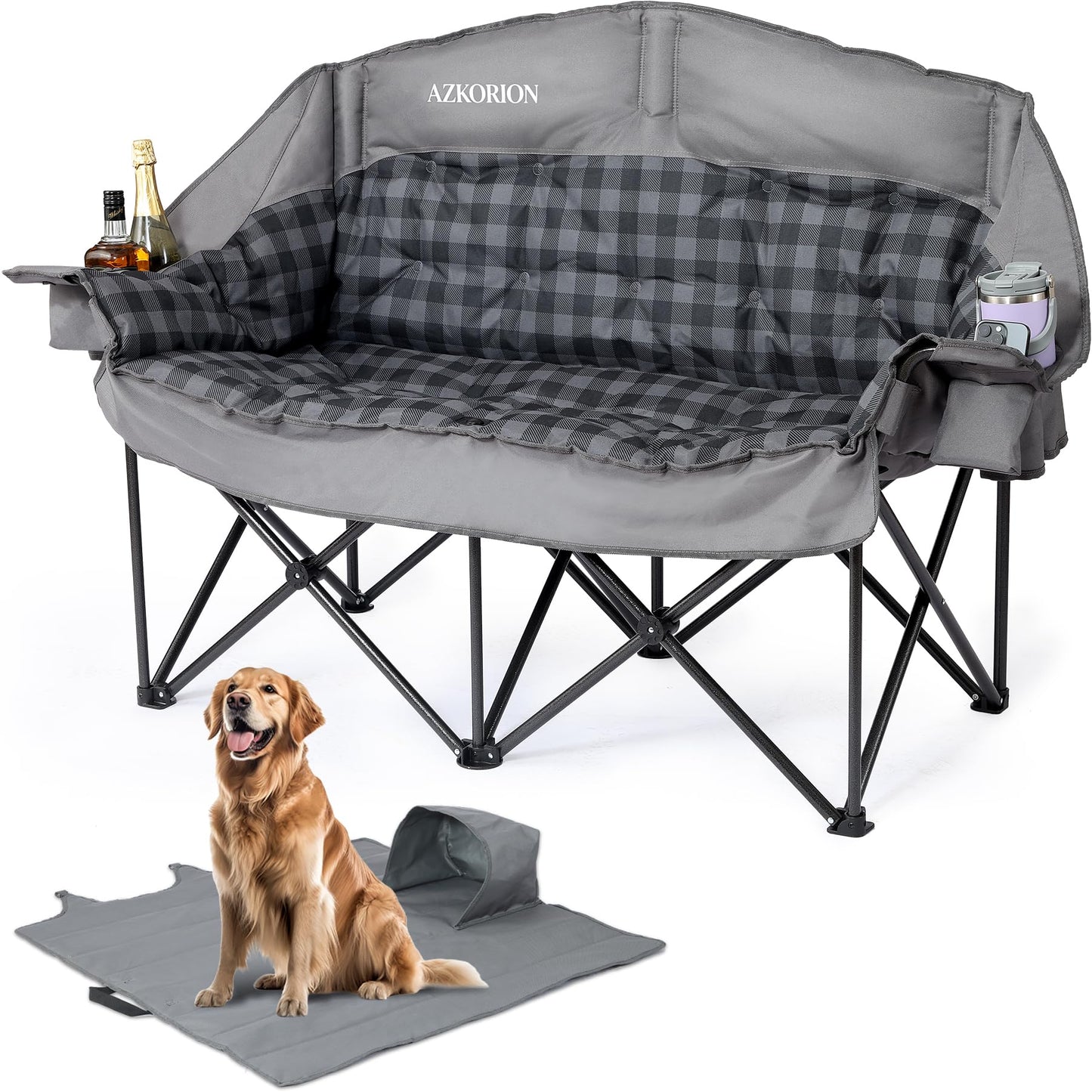 Oversized Double Camping Chair Heavy Duty Padded Double Folding Chair with Cup Holders & Carry Bag Foldable 2 Person Camping Chairs Outdoor Portable Couch for Lawn, Sports - Supports 900LBS Grey