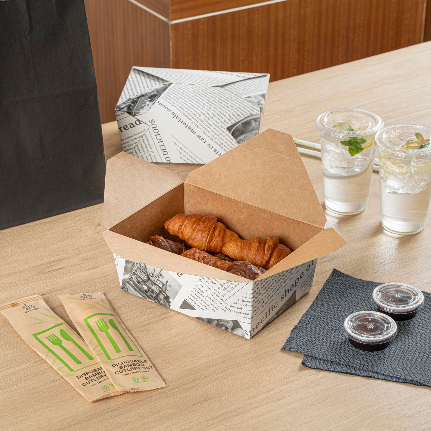 Restaurantware Bio Tek 98 Ounce Take Out Boxes 200 To Go Lunch Boxes - Tab-Lock Closure Heat-Tolerant Newsprint Paper Disposable Lunch Boxes Greaseproof For Hot And Cold Foods