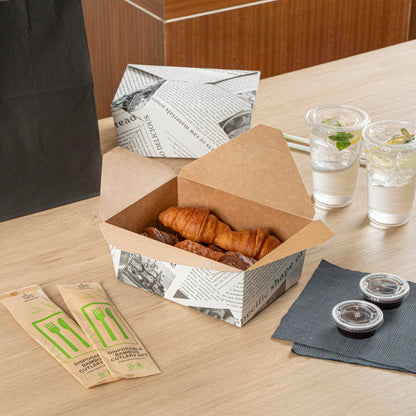Restaurantware Bio Tek 98 Ounce Take Out Boxes 200 To Go Lunch Boxes - Tab-Lock Closure Heat-Tolerant Newsprint Paper Disposable Lunch Boxes Greaseproof For Hot And Cold Foods