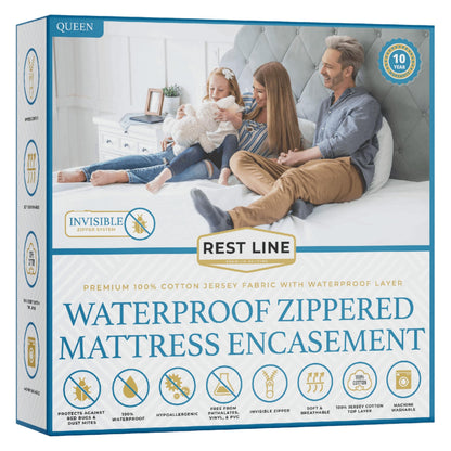 Queen Size 60x80” Premium Waterproof Zippered Mattress Encasement, 100% Cotton, Hypoallergenic, Six Sided Mattress Cover, Invisible Zippered, Soft Breathable up to 15" Deep - Rest Line