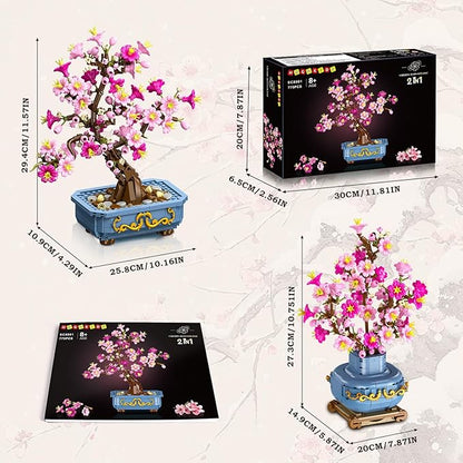 HOGOKIDS Flowers Cherry-Blossom Bonsai Building Set - 2 in 1 Artificial Bonsai Tree Plants for Home Decor &amp Display Cherry Botanical Building Blocks Birthday Easter Gift for Adults Teens (775PCS)