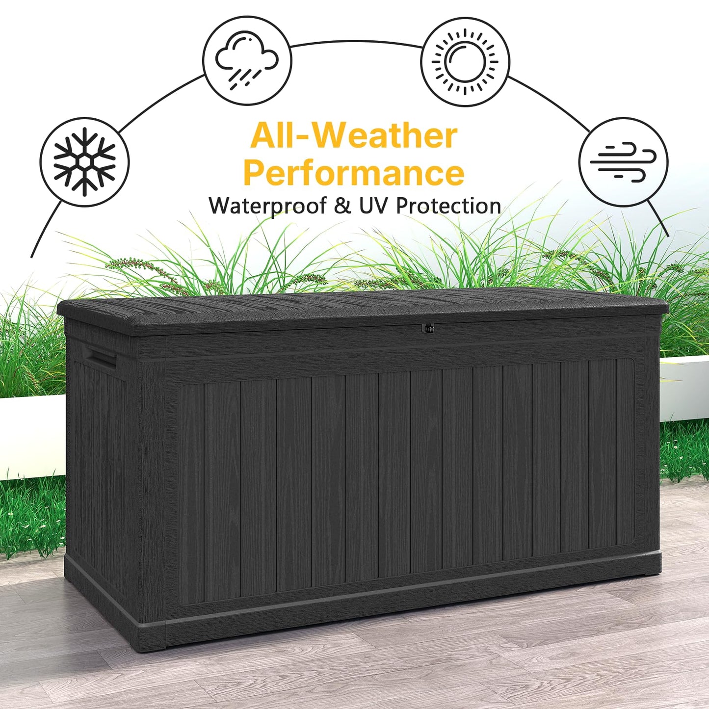 Skepphlay 260 Gallon Deck Box Extra Large, Outdoor Storage Box Lockable, Patio Storage Box Waterproof and UV Resistant, 440lbs Load Capacity for Garden, Patio, Pool (Black)