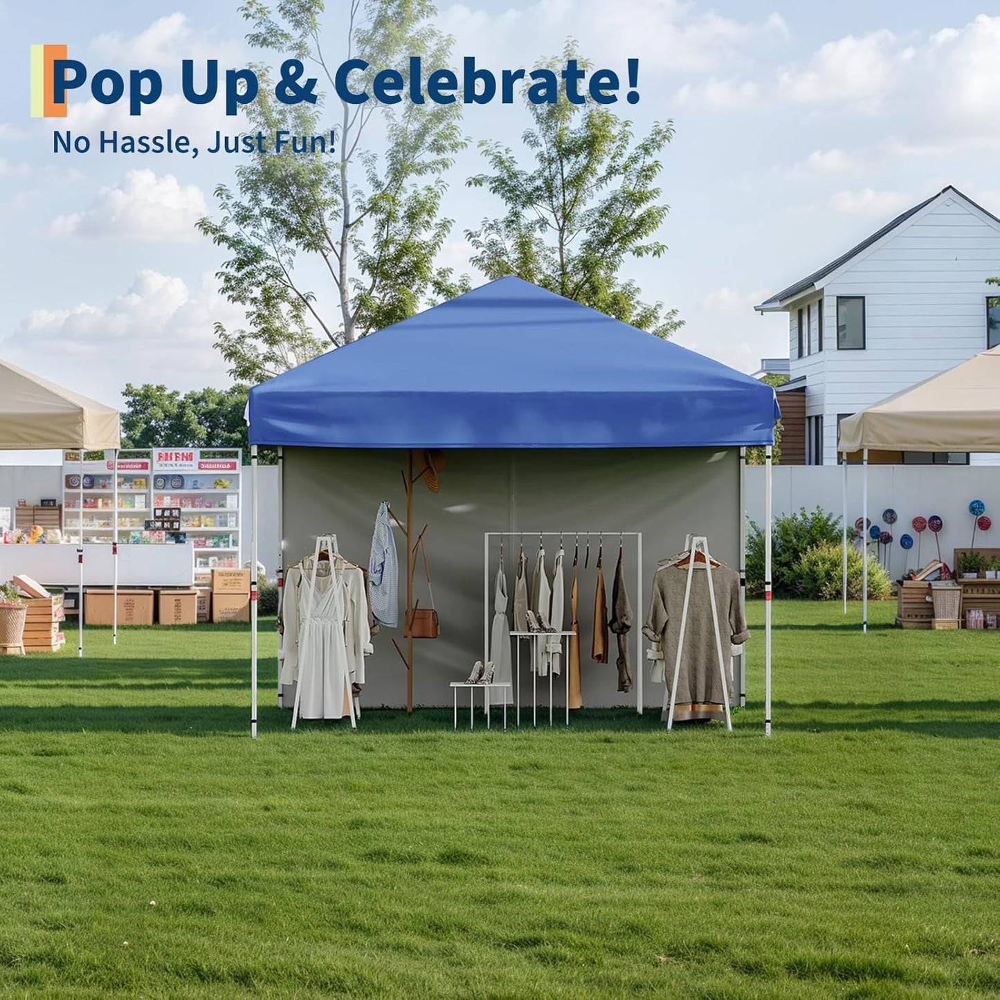10x10 Pop Up Canopy Tent with 4 Sidewalls, Easy Up Camping Tent with One Button Push Setup, 3 Adjustable Height Outdoor Party Tents with 4 Weight Bags for Outdoor Events, Camping, Blue
