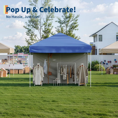 10x10 Pop Up Canopy Tent with 4 Sidewalls, Easy Up Camping Tent with One Button Push Setup, 3 Adjustable Height Outdoor Party Tents with 4 Weight Bags for Outdoor Events, Camping, Blue