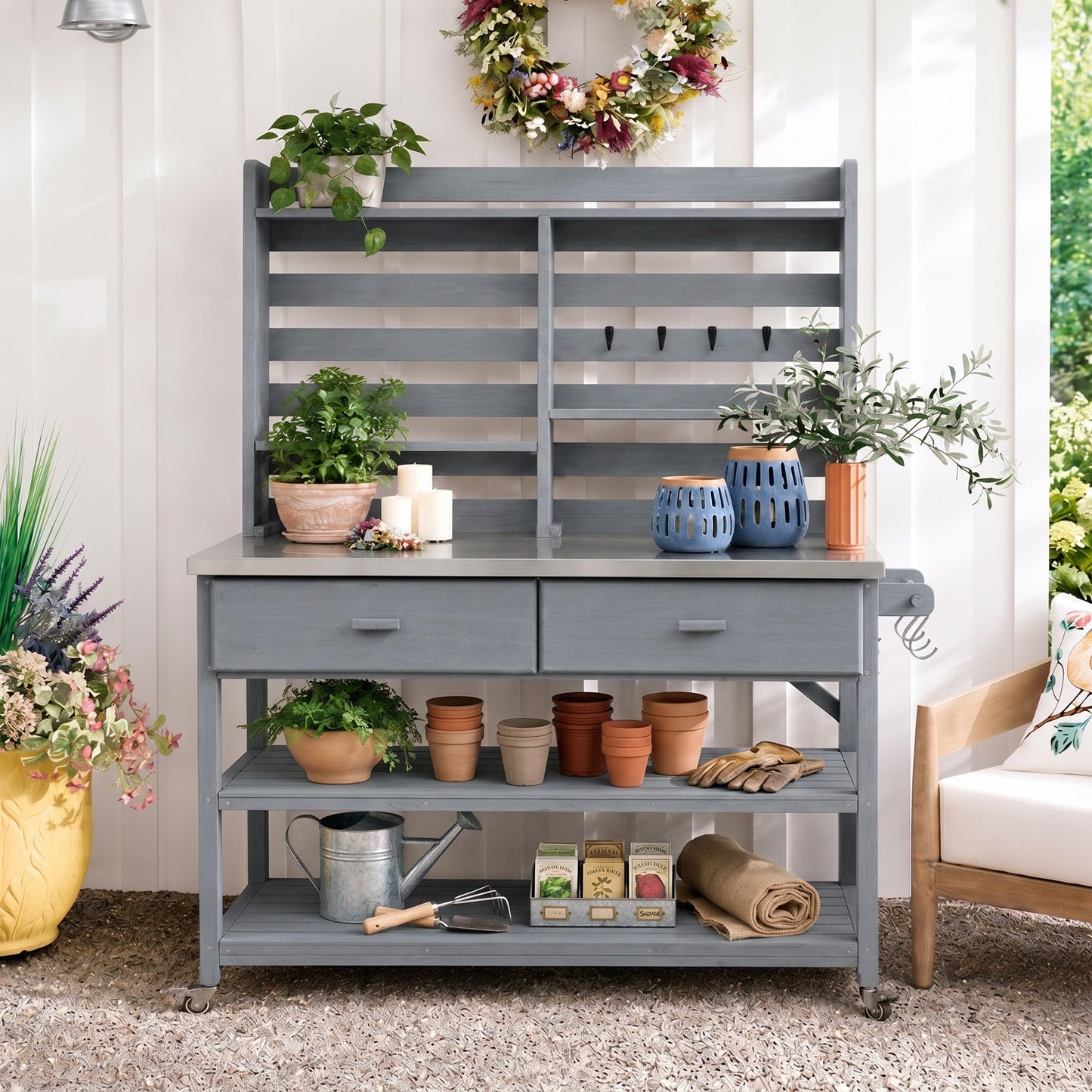 Merax 64.9"H Outdoor Potting Bench Table with Lockable Wheels, Solid Wood Outdoor Kitchen Island with Upper Hutch, Stainless Steel Top, Towel Rack, Outdoor Storage for Grilling, Lawn Garden, Grey Blue