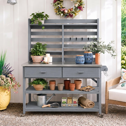 Merax 64.9"H Outdoor Potting Bench Table with Lockable Wheels, Solid Wood Outdoor Kitchen Island with Upper Hutch, Stainless Steel Top, Towel Rack, Outdoor Storage for Grilling, Lawn Garden, Grey Blue