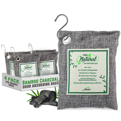 Asani Air Purifier Bags with Bamboo Activated Charcoal (Purifying Pack of 4) | Natural Air Freshener Deodorizer | Moisture Absorber and Odor Eliminators for Home, Car, Refrigerator, Closet (200g Each)