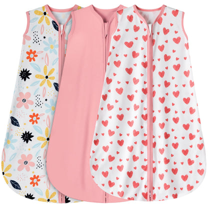 BSTOPPT 3 Pack Baby Sleep Sack 6-12 Months 100% Rayon Cotton Baby Sleeping Bag 2-Way Zipper Toddler Wearable Blankets TOG 0.3 （Heart&Pink&Floral）