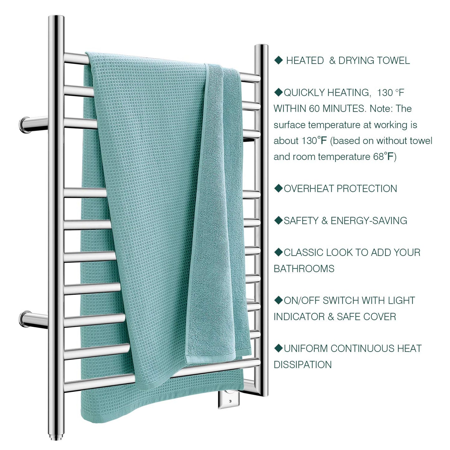HEATGENE Towel Warmer Wall-Mounted Hardwired Heated Towel Rack Hot Towel Bar Brushed