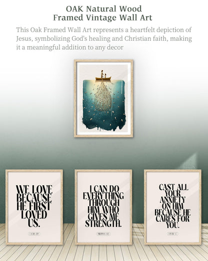 iHery Natural OAK Wood Jesus and Peter Walk on Water Framed Wall Art, 12x16 in Modern Sketch Bible Verses Canvas Art Decor, Beige Logs Boho Scripture 1Pack for Living Room Bedroom