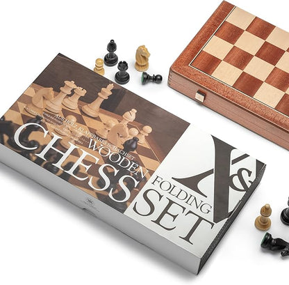 A&ampA Premium Folding Chess Set 19 Wooden Board &amp 3.75 King Height Staunton Pieces with 2 Extra Queens Portable Travel Game Set (Natural Mahogany 19 Inches)
