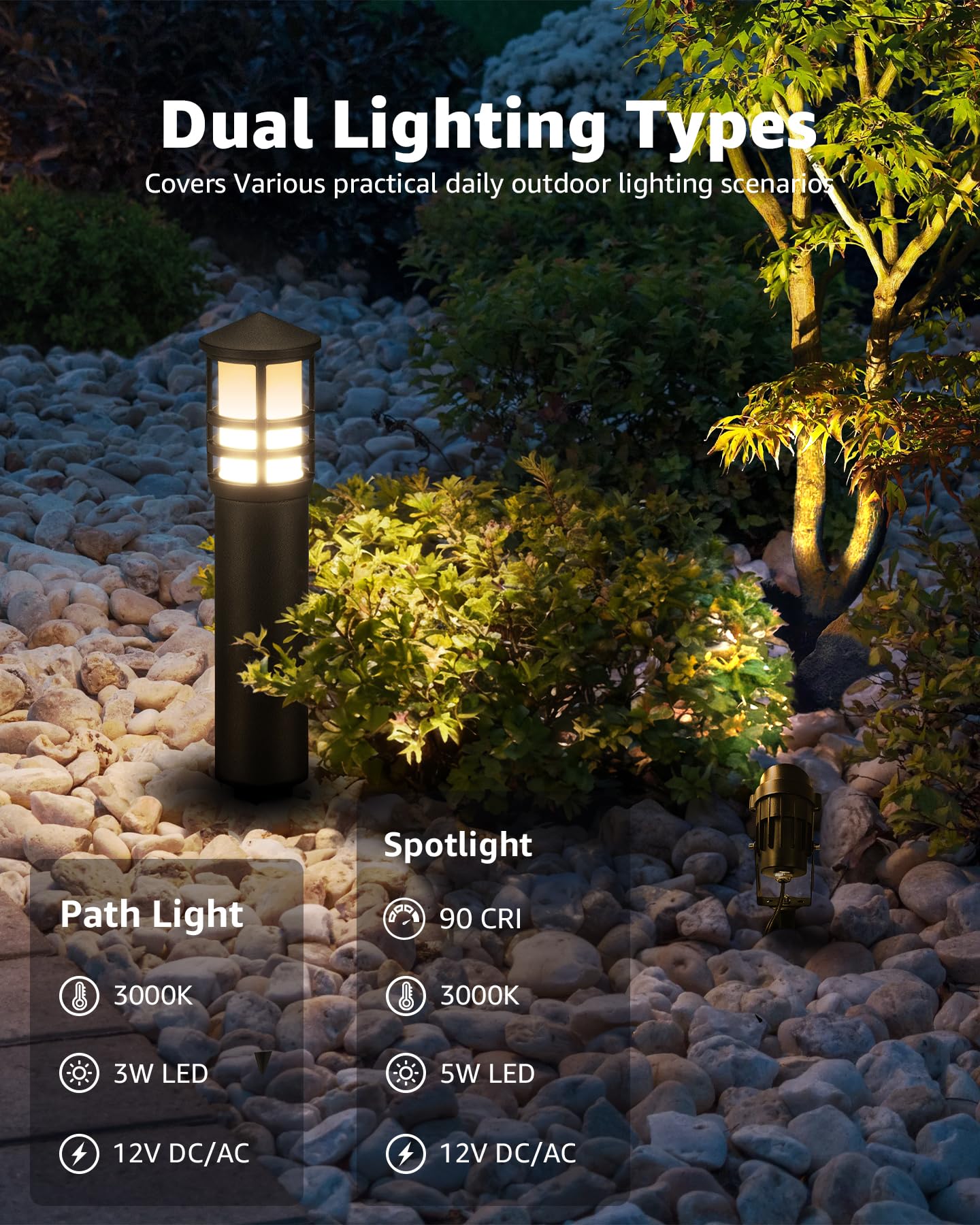 SUNVIE 12-Pack Low Voltage Landscape Lighting Kit LED Bollard Pathway Lights Wired with Spotlights for Garden, Path, Yard, Patio, Cast-Aluminum, IP65 Waterproof, 12-24V AC/DC, 3000K Warm White, Black