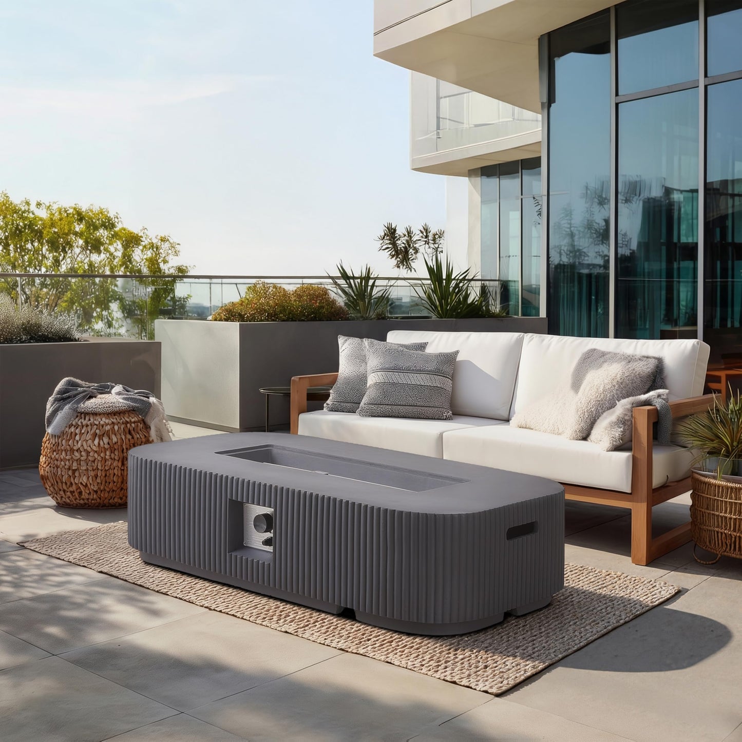 Christopher Knight Home Tahiti Outdoor Propane Fire Pit Table with Lava Rock, No Assembly MGO Tank Table for Patio/Deck, 50000 BTU, MGO Rectangular Tabletop Fire Pit, Modern Patio Fire Table, Gray