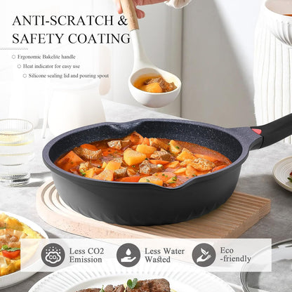 Vinchef Nonstick Skillet - 12.5In Aluminum Deep Frying Pan with Lid & Heat Indicator | Scratch-Resistant, Induction Compatible