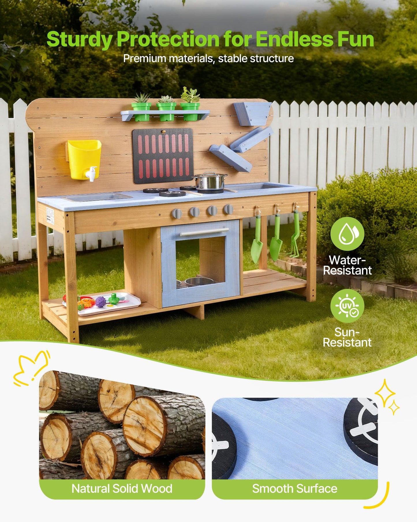 VEVOR Mud Kitchen, Outdoor Mud Kitchen for Kids, Wood Outdoor Play Kitchens with Stoves, Hooks, Double Sinks, Planting Shovels, Spatulas, Cookware Pots and Accessories, Play with Water and Sand