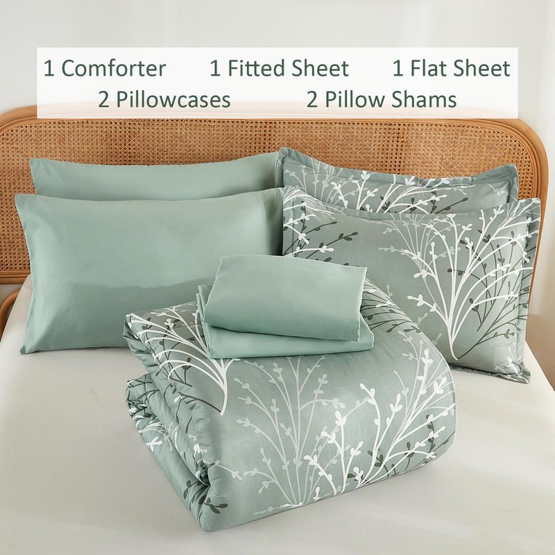 DJY Sage Green Comforter Set Queen Size Branch Botanical 7 Piece Bed in a Bag Green Floral Bedding Sets, Soft Microfiber Branches Leaves Pattern Reversible Comforter Set for All Season (90''x90'')
