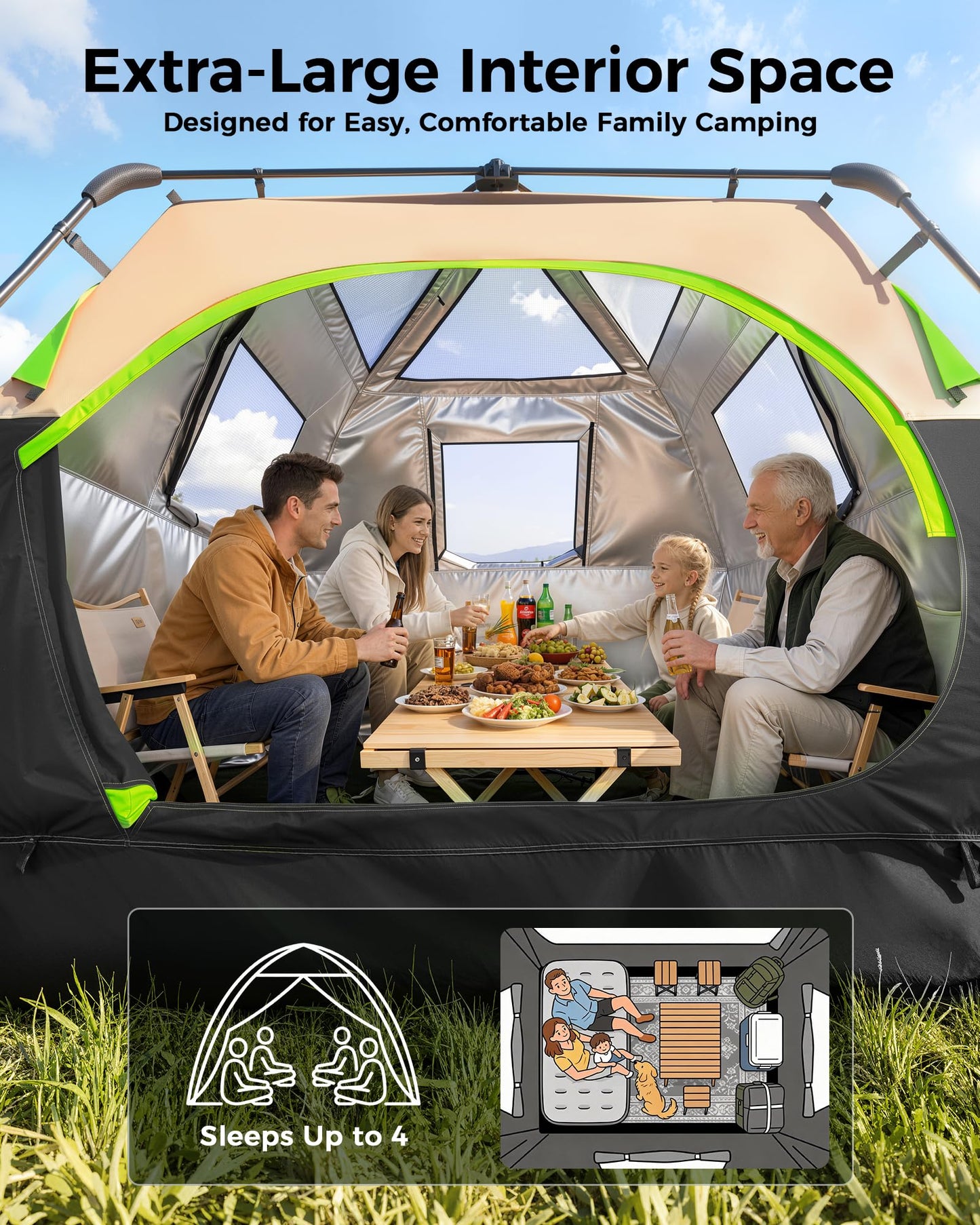 4 Person Instant Tent, Camping Tent Setup in 60 Seconds, Waterproof Pop Up Tents for Camping with Top Rainfly, Instant Cabin Tents with Portable Carry Bag for Family Camp & Hiking, Black + Brown