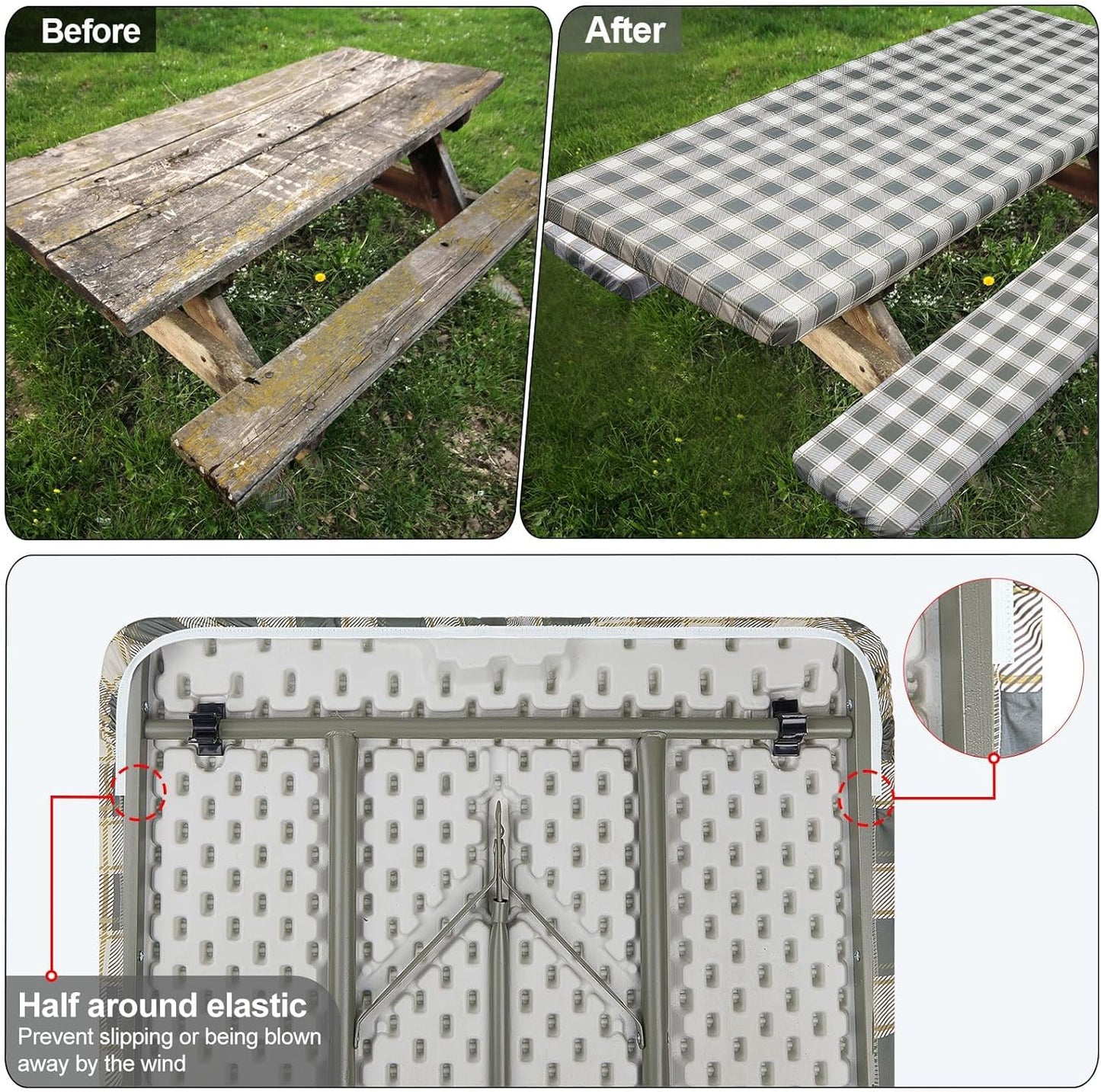 Picnic Table Cover - Waterproof & Windproof Camping Tablecloth with Bench Covers | 72in, Gray White