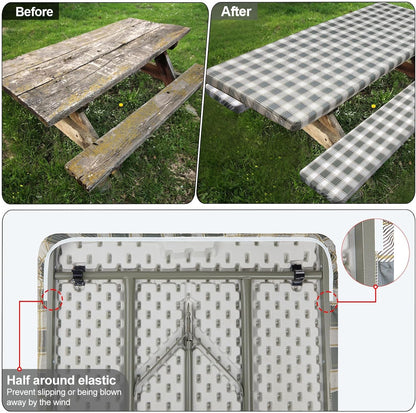 Picnic Table Cover - Waterproof & Windproof Camping Tablecloth with Bench Covers | 72in, Gray White
