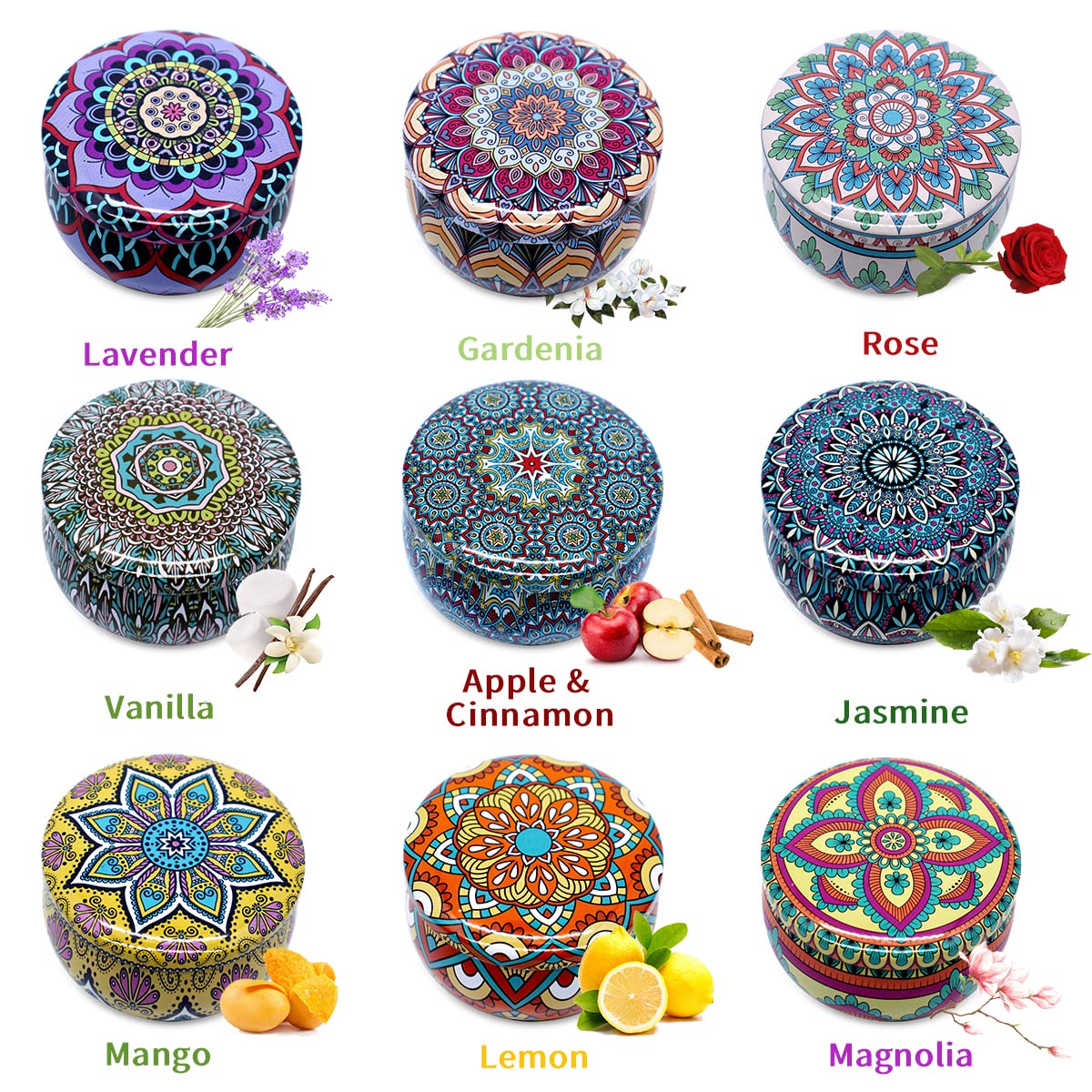Bohemian Scented Candle for Christmas Thanksgiving Housewarming Gift, Set of 9 2.2oz Aromatherapy Candle for Stress Relief, Bohemian Tin Candle