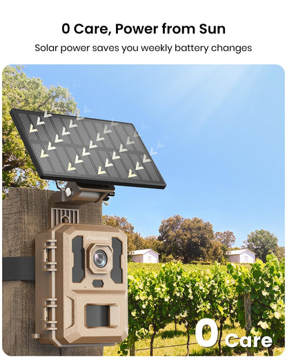 Misstech 4K UHD Solar Trail Camera for Game & Wildlife Monitoring - 0.1s Fast Activation to Record Animals, 64MP/4K Clear Night Vision, No Monthly Fee, App Control, IP66 Waterproof, 32GB SD Card