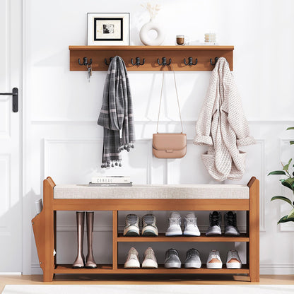 PETKABOO 39.4" Shoe Bench with Coat Rack Hidden Drawer and Side Holder, 2 Tier Entryway Bench with Storage, Bamboo Shoe Rack with Cushion for Entryway Hallway Living Room Bedroom