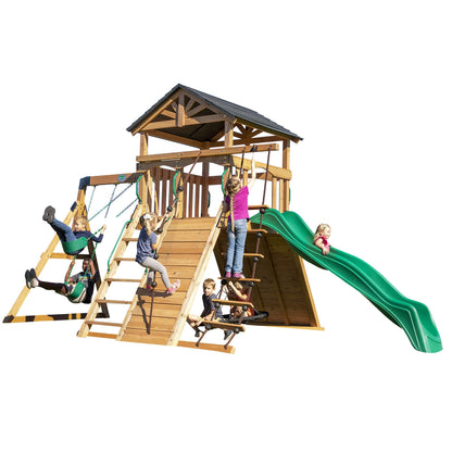 Backyard Discovery Endeavor All Cedar Wood Swing Set Playset for Backyard with Large Clubhouse Wave Slide Rope Ladder Rock Climbing Wall Wave Slide 2 Belt Swings and 1 Web Swing Gift for Ages 3-10