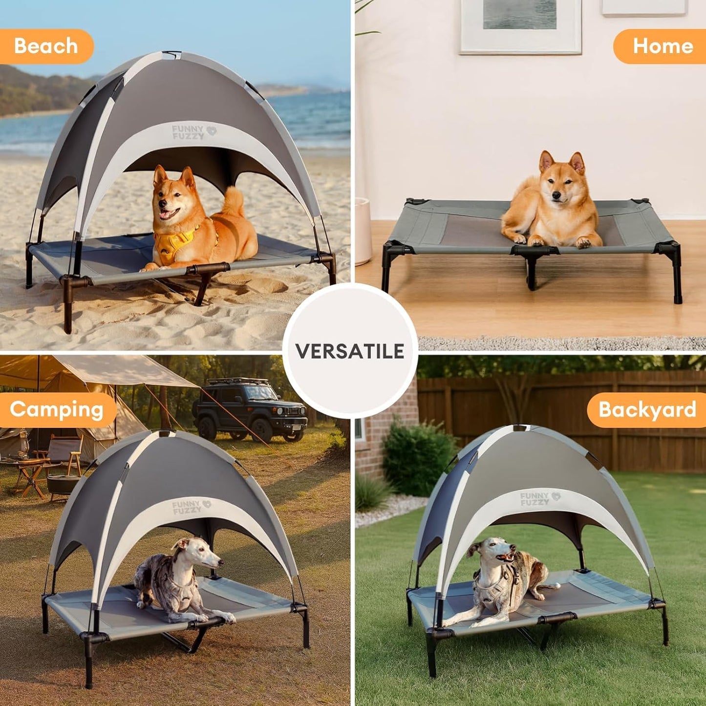 FUNNY FUZZY Elevated Dog Bed with Canopy,Grey, X-Large(48"x36"x9")–Outdoor Pet Cot with UV Protection, Breathable Mesh for Cooling, Indoor & Outdoor Use for Dogs up to 120 lbs