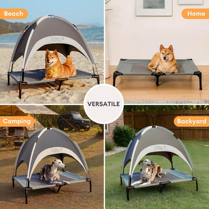 FUNNY FUZZY Elevated Dog Bed with Canopy,Grey, X-Large(48"x36"x9")–Outdoor Pet Cot with UV Protection, Breathable Mesh for Cooling, Indoor & Outdoor Use for Dogs up to 120 lbs