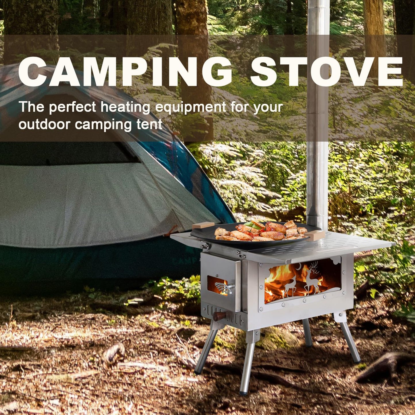 Outdoor Camping Tent Stove Portable Camping Stove Stainless Steel Stove With Chimney Pipe for Outdoor Cooking Camping BBQ Accessories