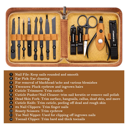 FAMILIFE Manicure Set, Nail Professional Kit Manicure Kits Nail Clipper Sets, 13PCS Stainless Steel Pedicure Sets Mens Grooming Tool, with Brown Leather Travel Case for Men