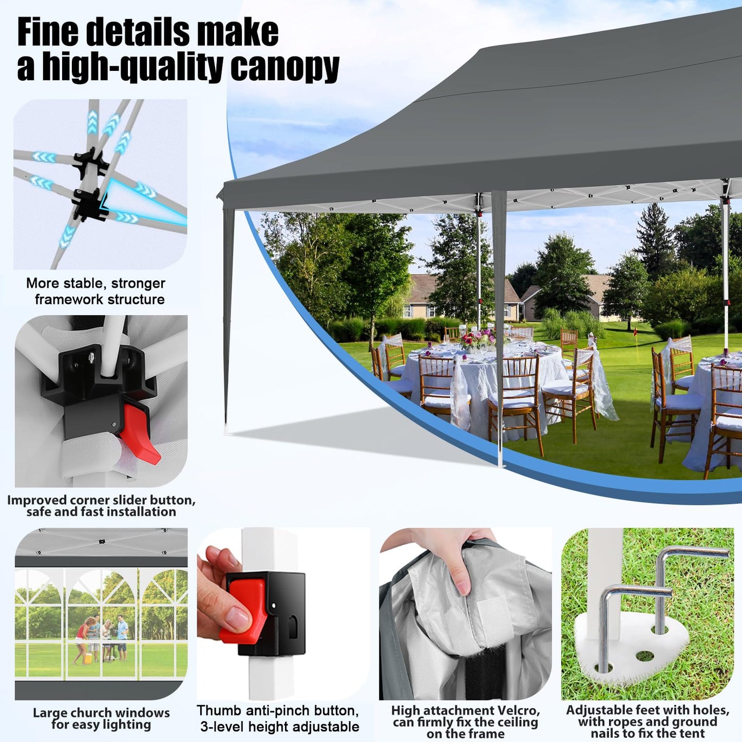 COBIZI 10x20 Pop Up Canopy with 6 Sidewall, Commercial Canopy UPF 50+ Waterproof Outdoor Gazebo with Carry Bag, Tents for Parties with Upgrade Frame, 3 Height Adjustable, Classic Grey