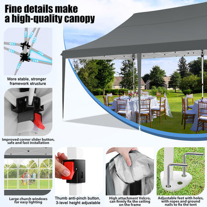 COBIZI 10x20 Pop Up Canopy with 6 Sidewall, Commercial Canopy UPF 50+ Waterproof Outdoor Gazebo with Carry Bag, Tents for Parties with Upgrade Frame, 3 Height Adjustable, Classic Grey